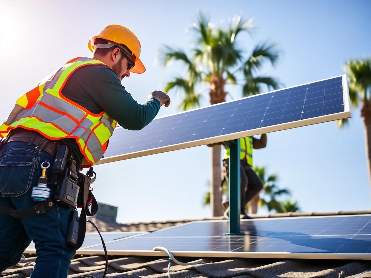 Local installation crew mounting solar panels on a Corpus Christi coastal home