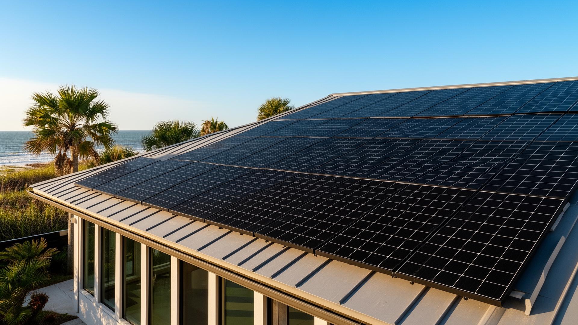 Modern Corpus Christi coastal home with black monocrystalline solar panels under bright Gulf Coast afternoon sunlight
